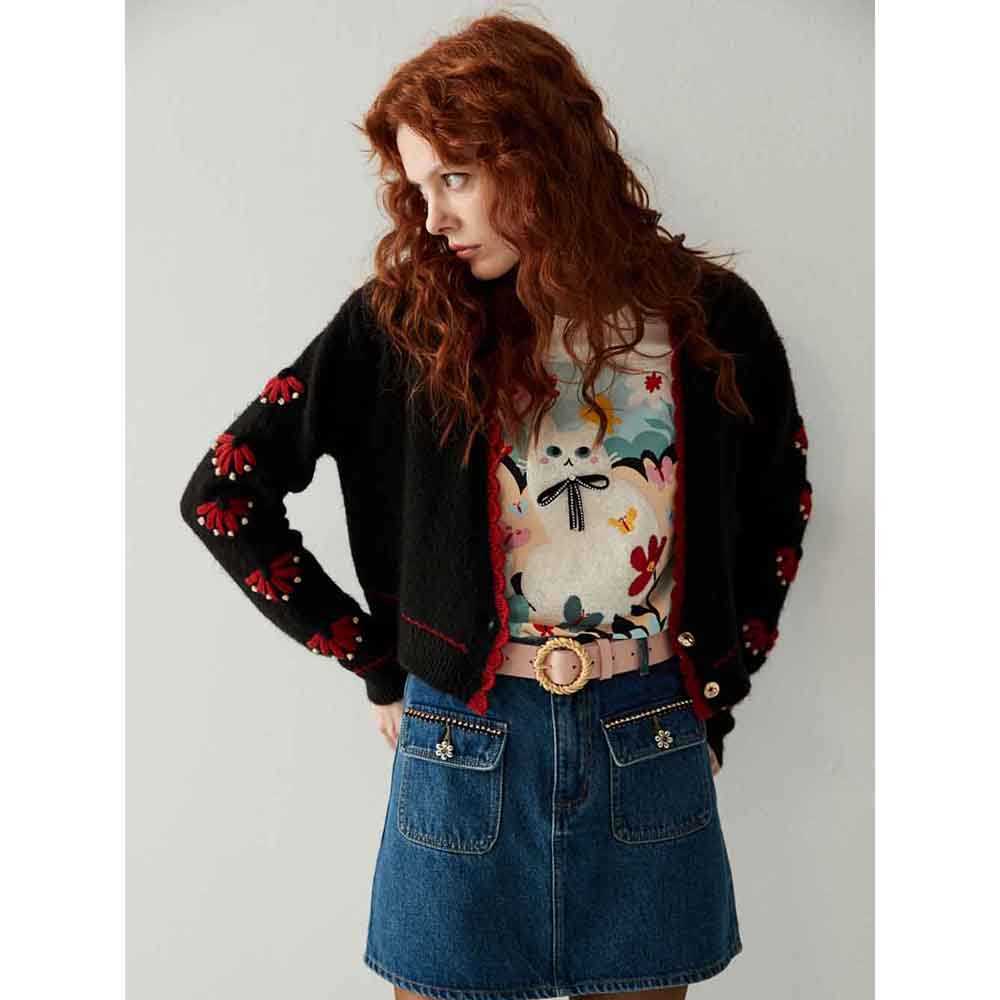 iROO Women Fashion Red Contrast Detail Autumn Cardigan|,|