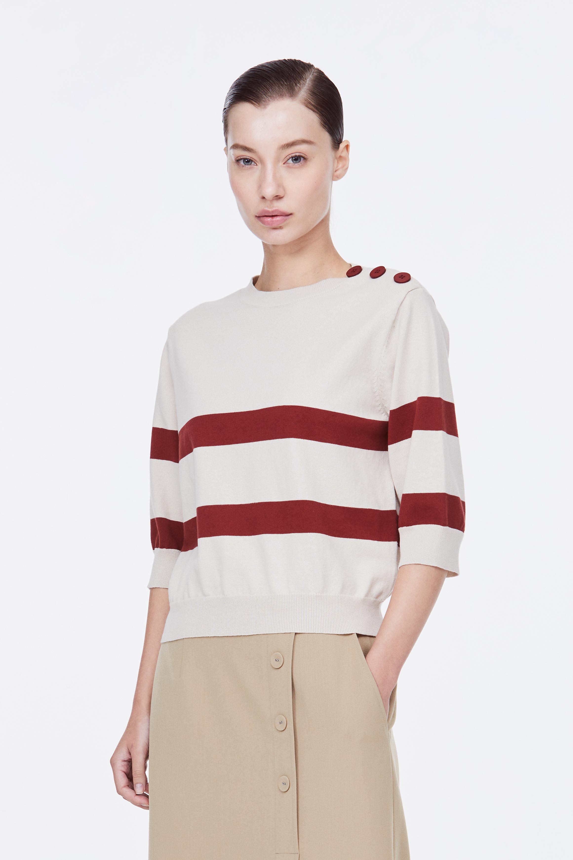 iORA Buttoned Shoulder Striped Sweater|,|