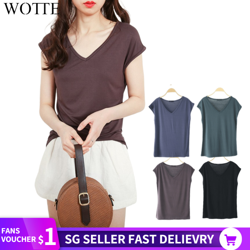 WOTTE T-shirts for Women Home Wear  Base shirt  Sleeveless Shirt Bamboo Fiber V-neck Top Ladies Slim T shirt Korean Style|,|