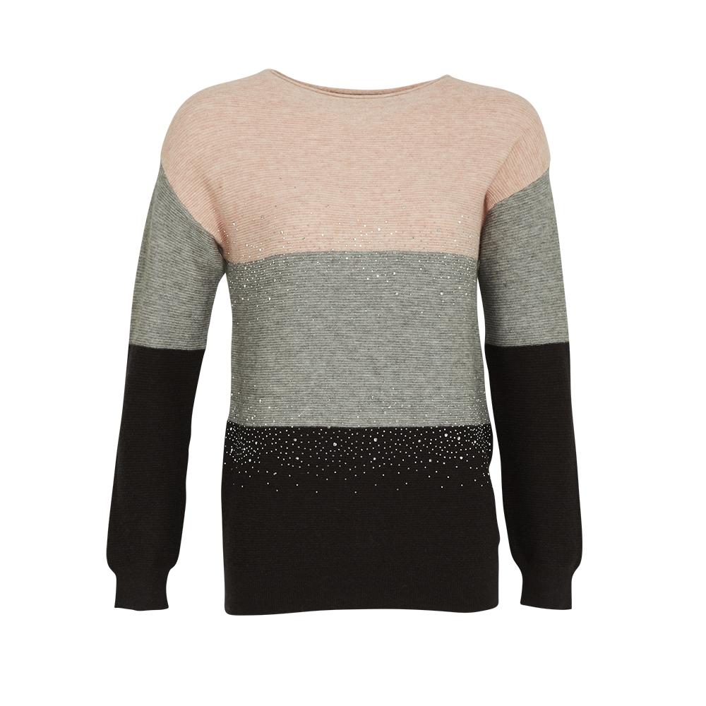 Boatneck Colour Block Knitted Sweater With Crystal - KSW9166|,|