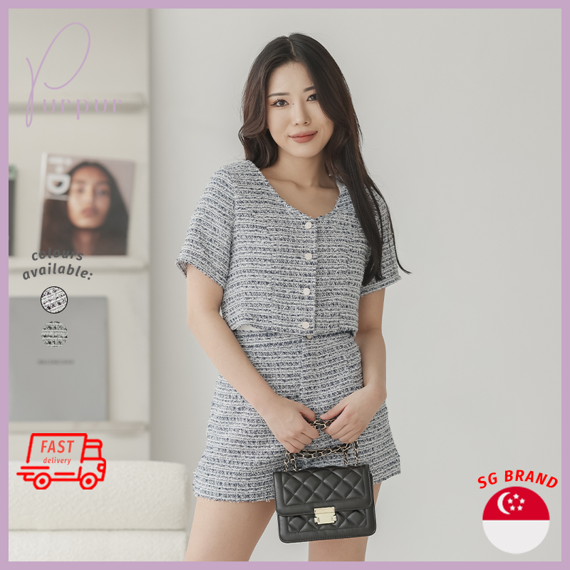 Purpur Women Outerwear Hello Tweed Functional Buttoned Lined V Neck Crop Top Midnight Blue|,|