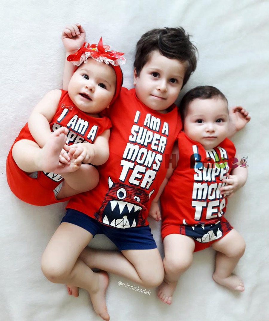 【NEW DESIGN with monster printing】unisex baby romper/Kids T-shirt + Pant suit FOR height 70cm -120cm|,|