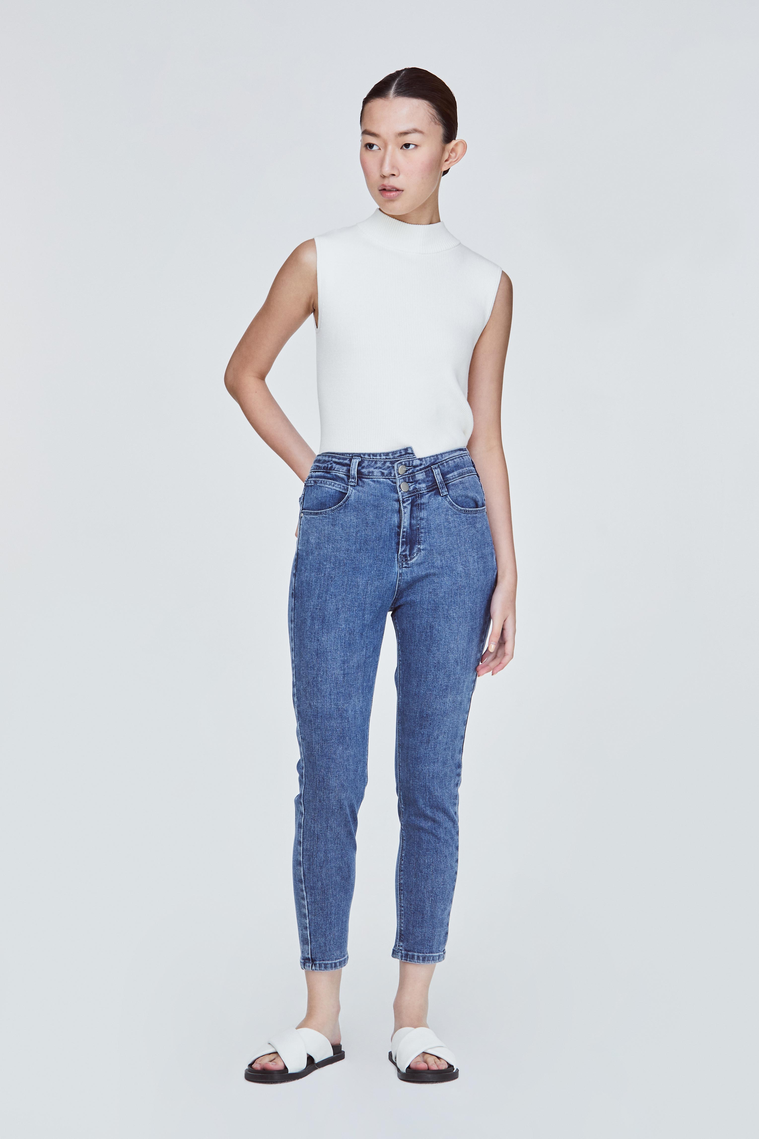 LALU Asymmetrical Waist Double Button Jeans|,|