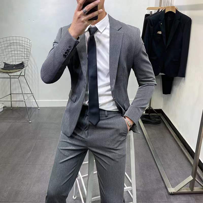 DARK GREY Solid color blazer 3pcS set pants+shirt+blazer men&#x27;s business suit Blazer groom best man slim fit coat|,|