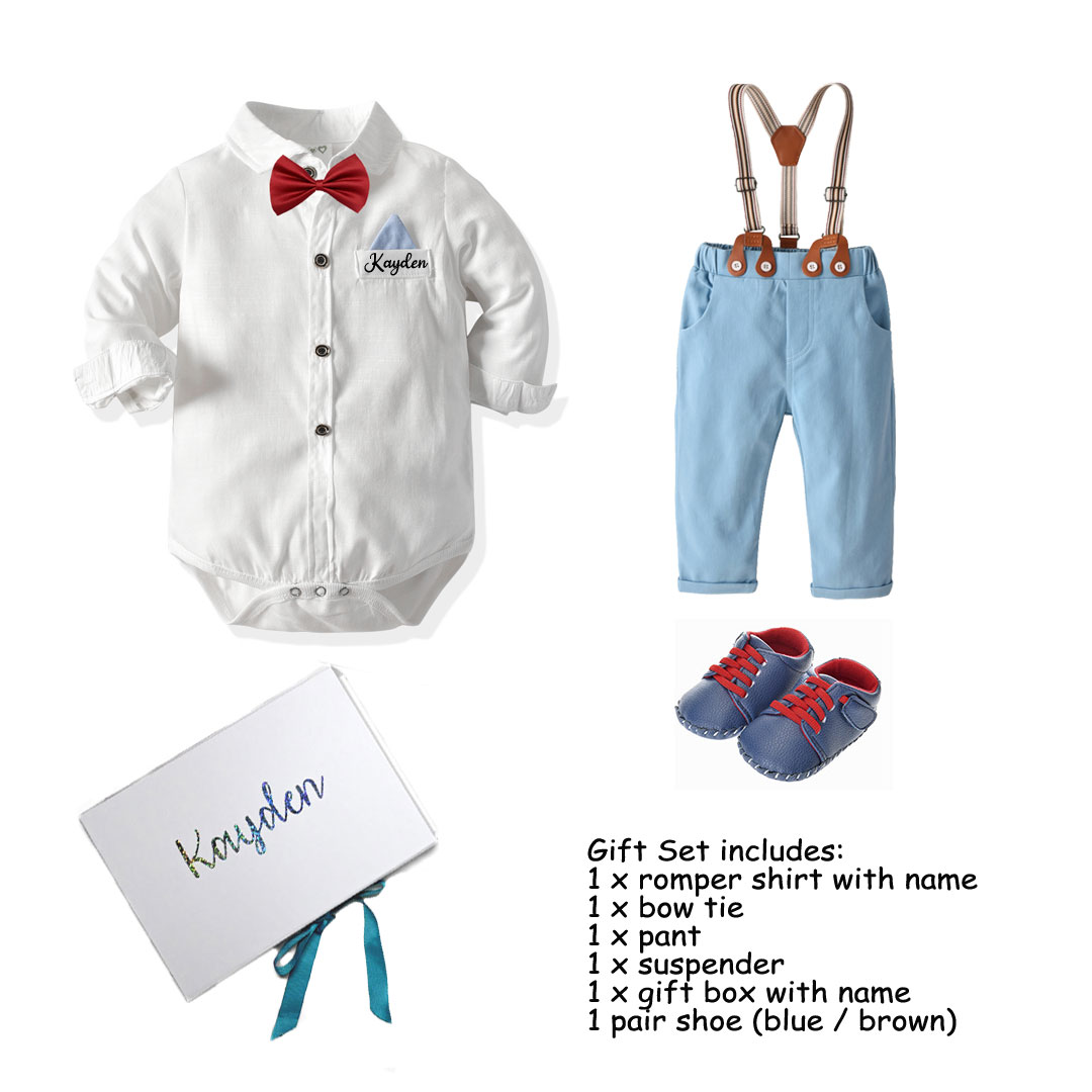 Personalised 1-Year-Old Toddler Boy Prince Formal Shirt Gift Set, Romper, Bow Tie, Pants, Suspender, Shoe|,|