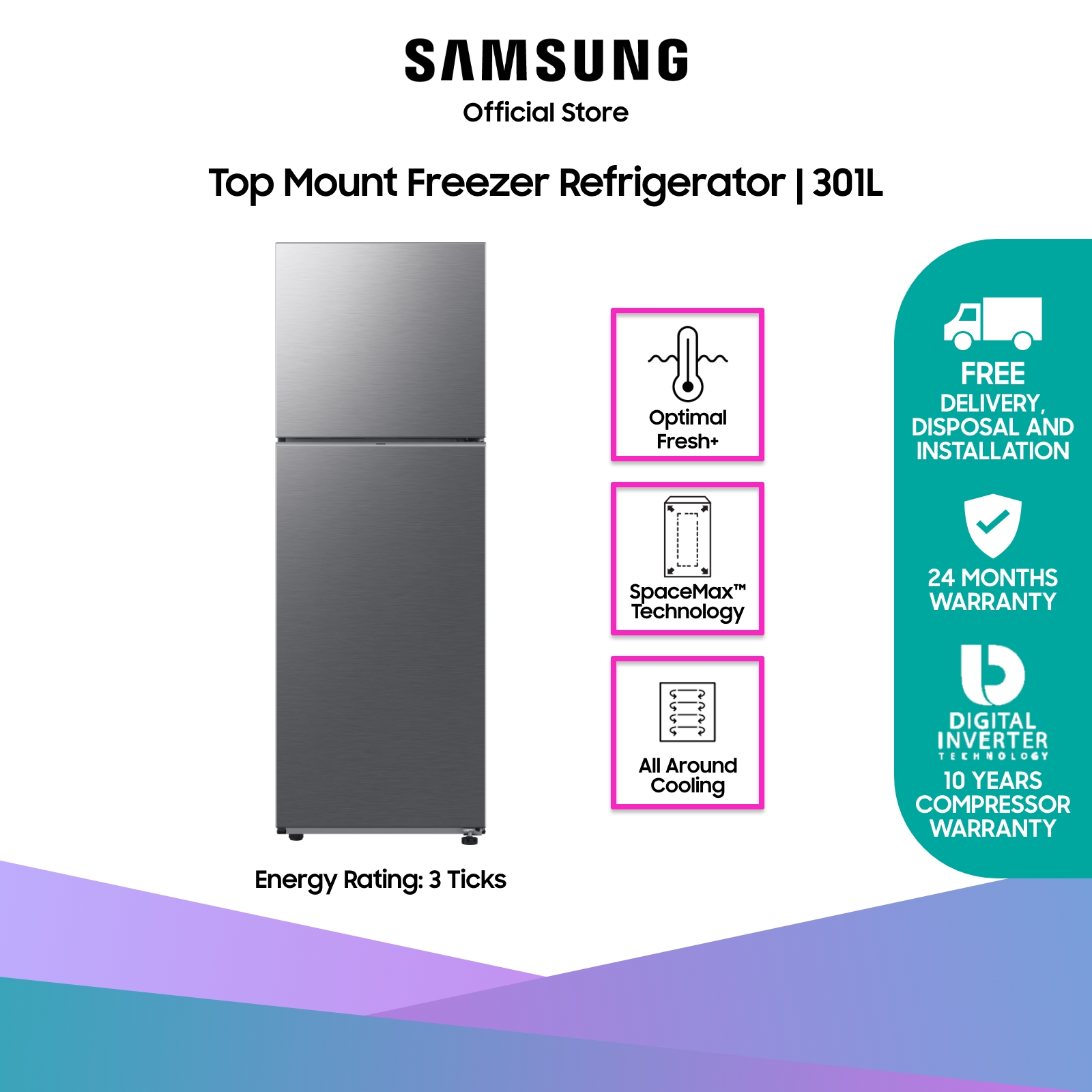 Samsung RT31CG5424S9SS Top Mount Freezer Refrigerator, 301L, 3 Ticks|,|