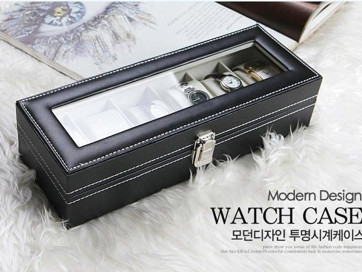 Black 6 Slots Watch Case, 6-Slot Grid PU Leather Watch Case Box, Display Box Jewelry Storage Box, Watch Storage Case, Watches Organizer Box Case, Watch Organiser Box with Inner Beige|,|