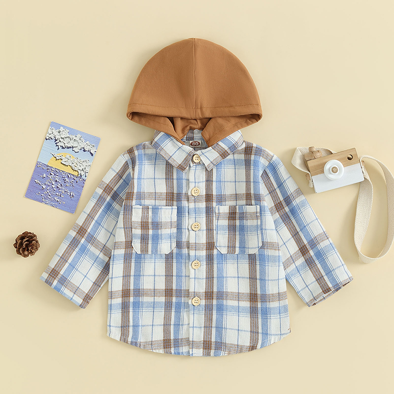 【Forever CY Baby】Toddler Baby Hooded Plaid Shirts Long Sleeve Button Down Pocket Tops Jackets Fall Outfits|,|
