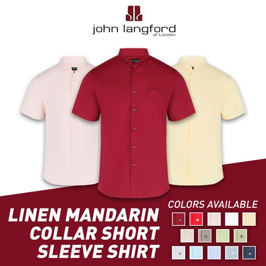 john langford Men Mandarin Collar Linen Cotton Shirt Regular Fit Short Sleeve Casual Wear|,|
