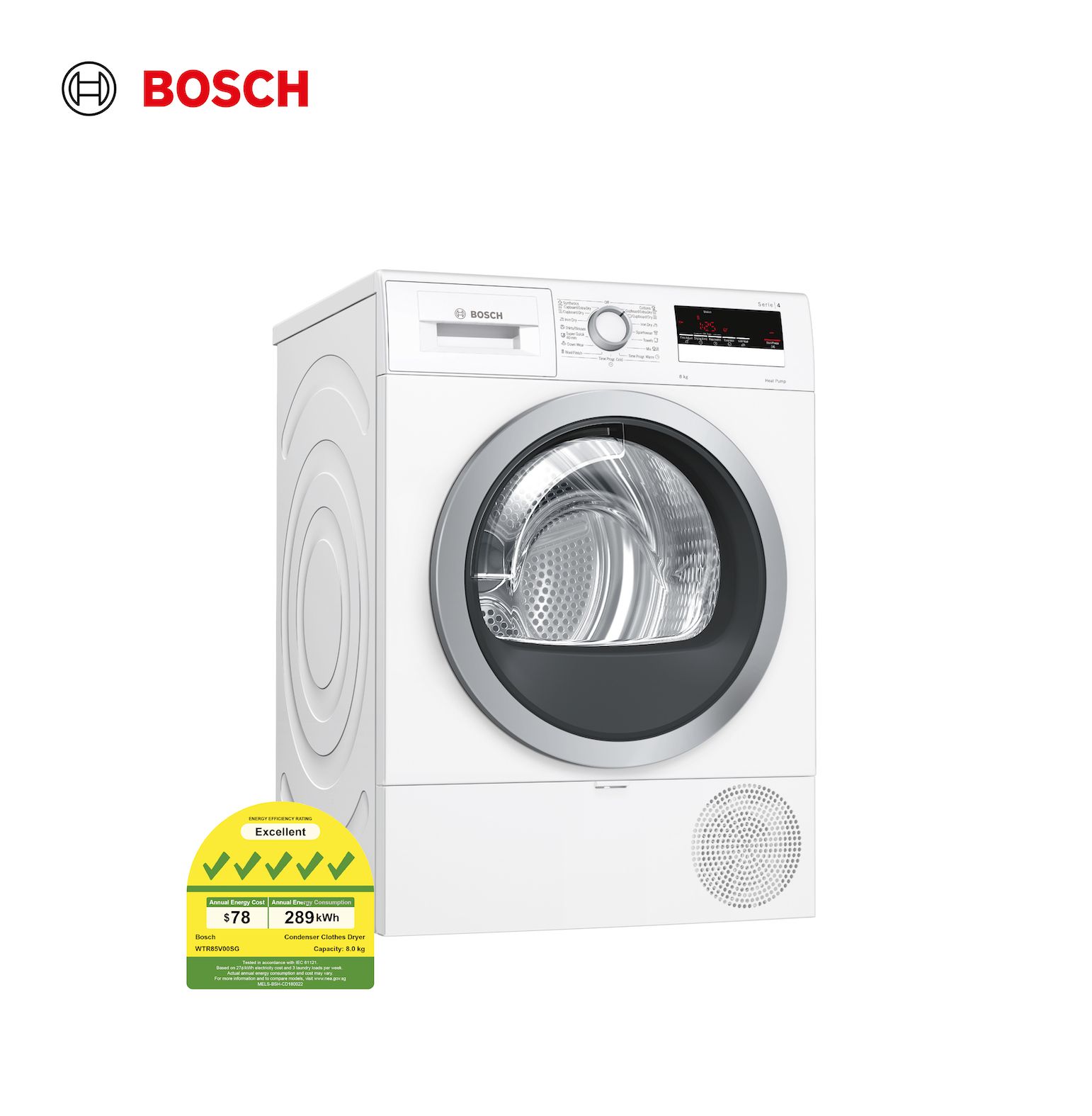 Bosch WTR85V00SG 8kg heat pump dryer 5 ticks Anti-Vibration Side Panels reduce vibrations, AutoDry and Sensitive Drying system PLC|,|