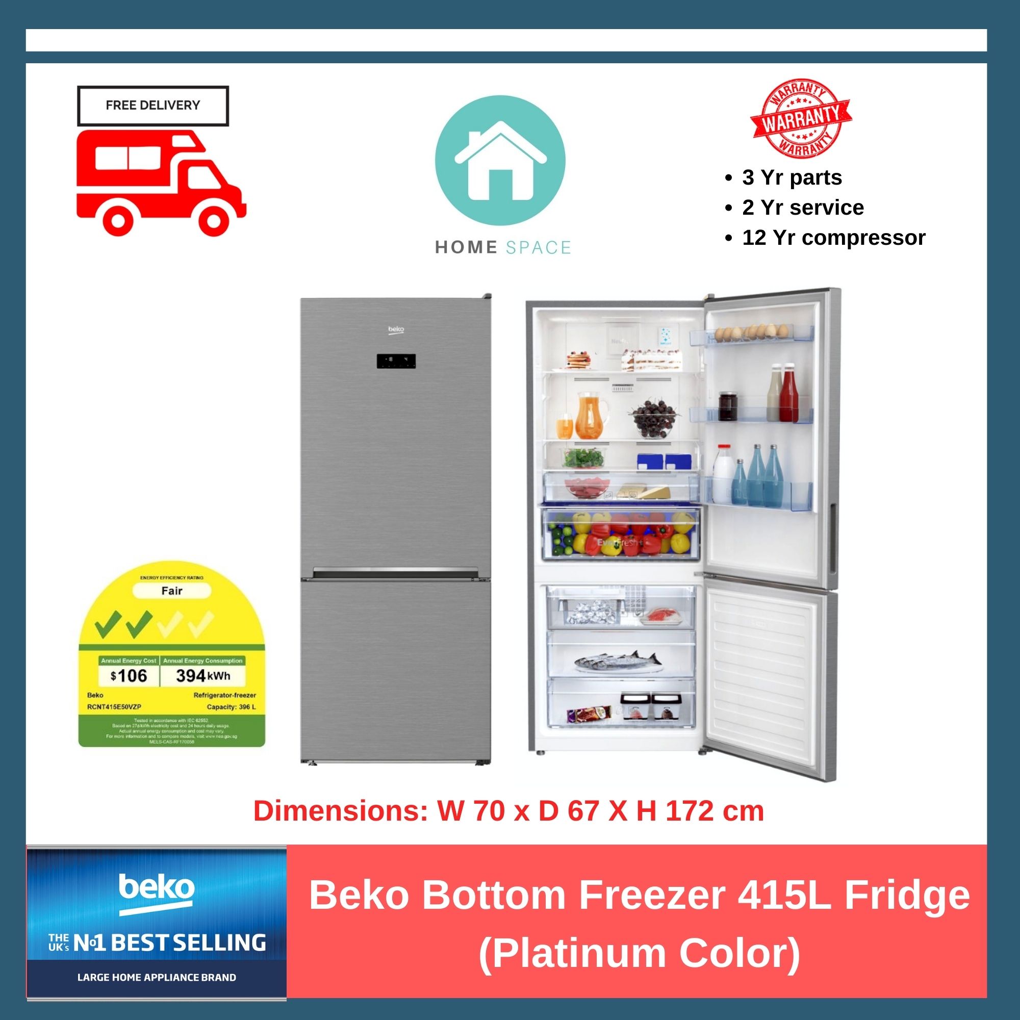 Beko Bottom Freezer 415L Fridge (Platinum Color), RCNT415E50VZP|,|
